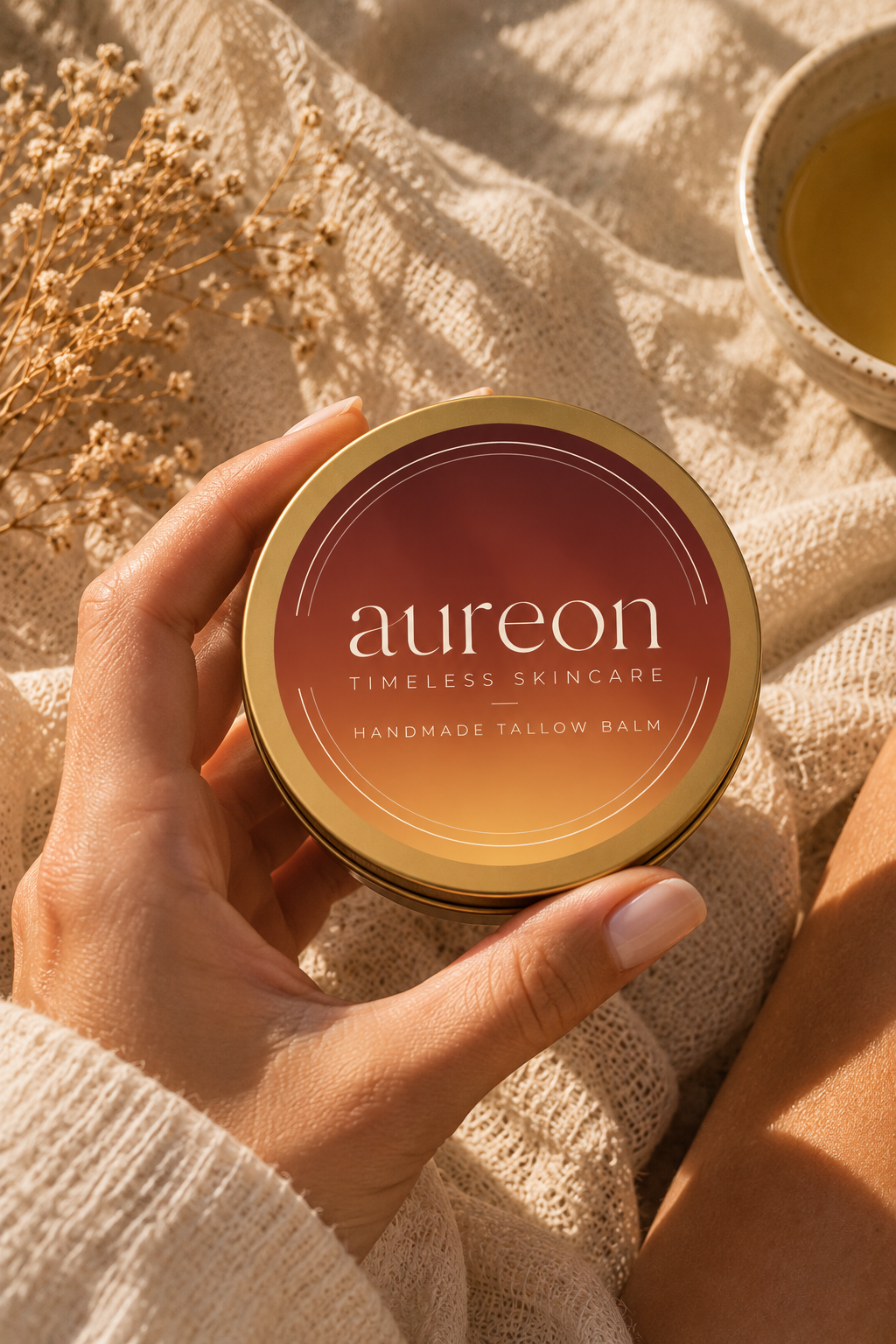 The Golden Balm tin held in the hand, warm afternoon light