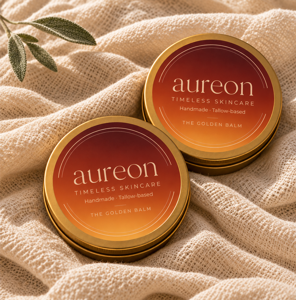 Two tins of The Golden Balm on a table with linen